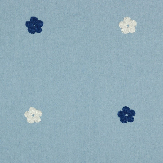 Audums ar defektu-Džinsa audums ar izšuvumu-balti un zili ziedi 130 g/m² -55 cm
