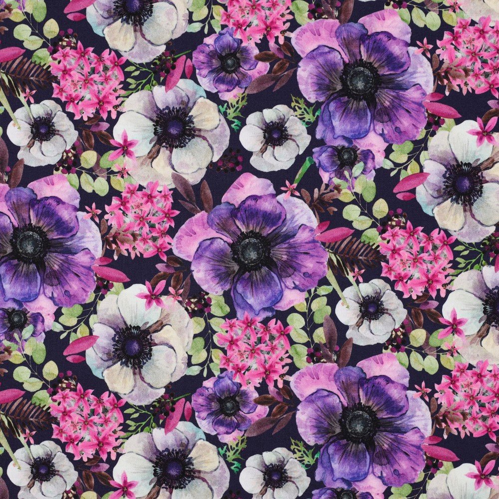 Kokvilnas cilpiņtrikotāža-violetas puķes 225 g/m²