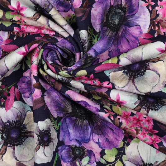 Kokvilnas cilpiņtrikotāža-violetas puķes 225 g/m²