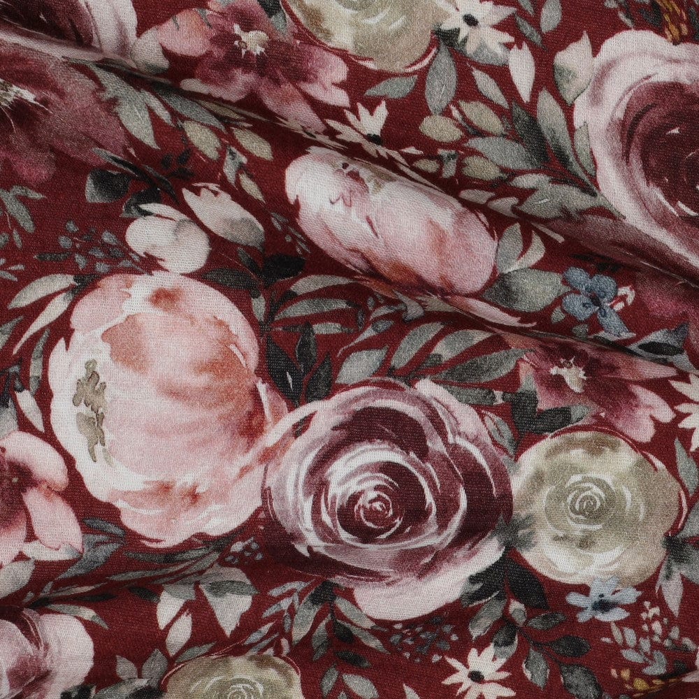 Muslīns-rozes uz burgundija fona 120 g/m²