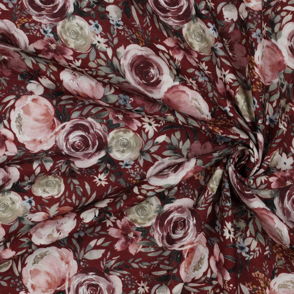 Muslīns-rozes uz burgundija fona 120 g/m²